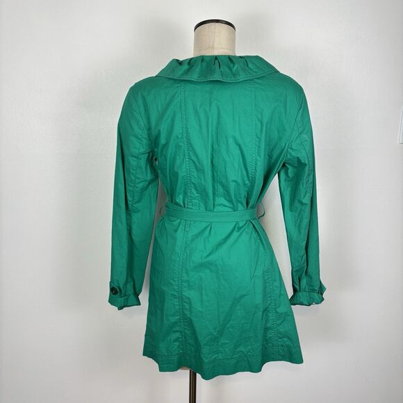 Kristin Davis Med Green Lightweight Trench Coat Style Jacket Ruffle Collar Belt - Picture 5 of 9